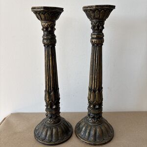 Vintage Foreside Pair of Carved Wood Candle Holders 14” Tall Romantic Gothic